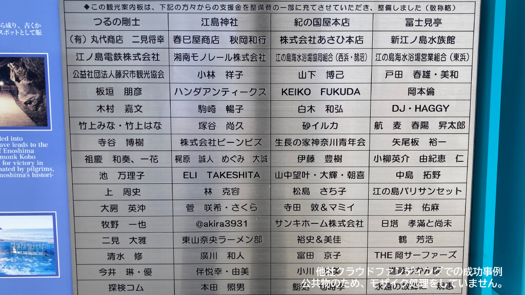 他社クラウドファンディングで行われた刻名権の例(藤沢市の観光案内板)